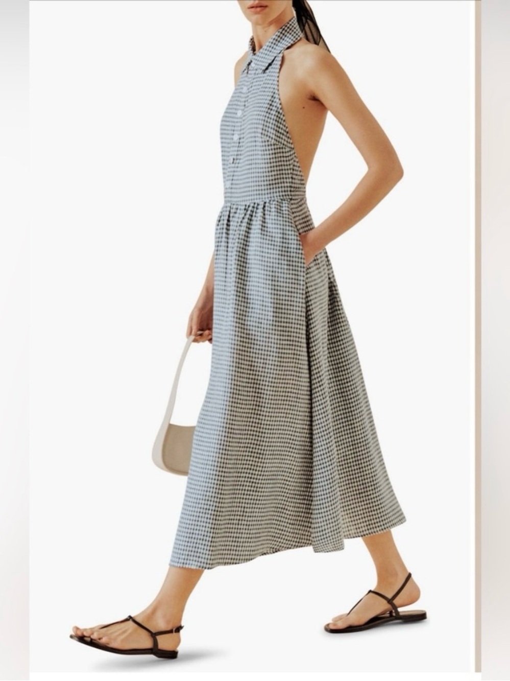 Reformation Tace Women's Gingham Linen Halter Midi Dress Slate Pockets
